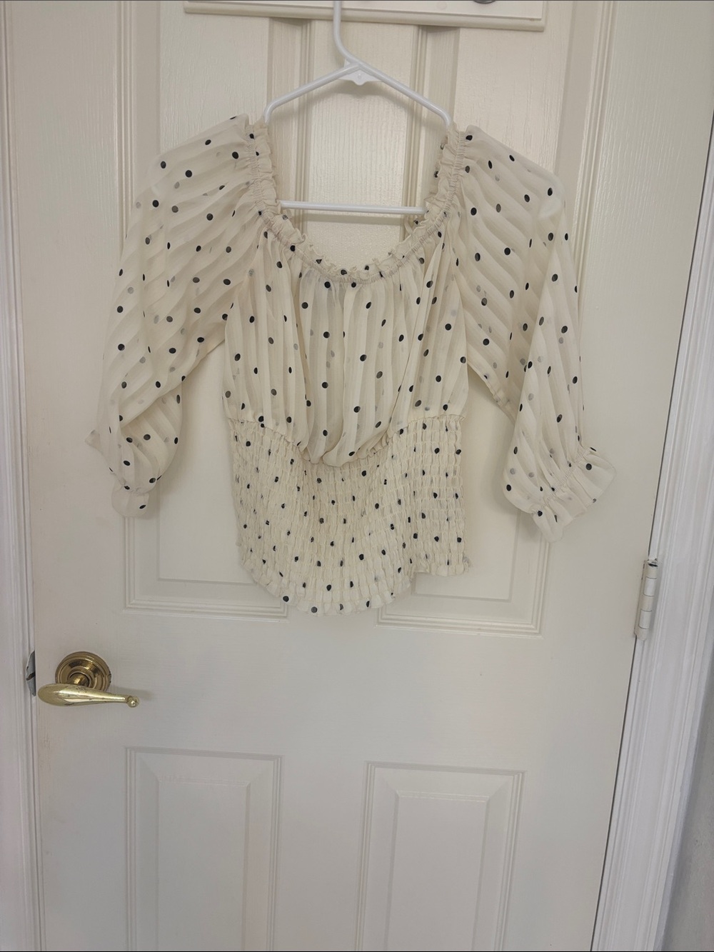 Cream Polka Dot Smocked Off-Shoulder Blouse